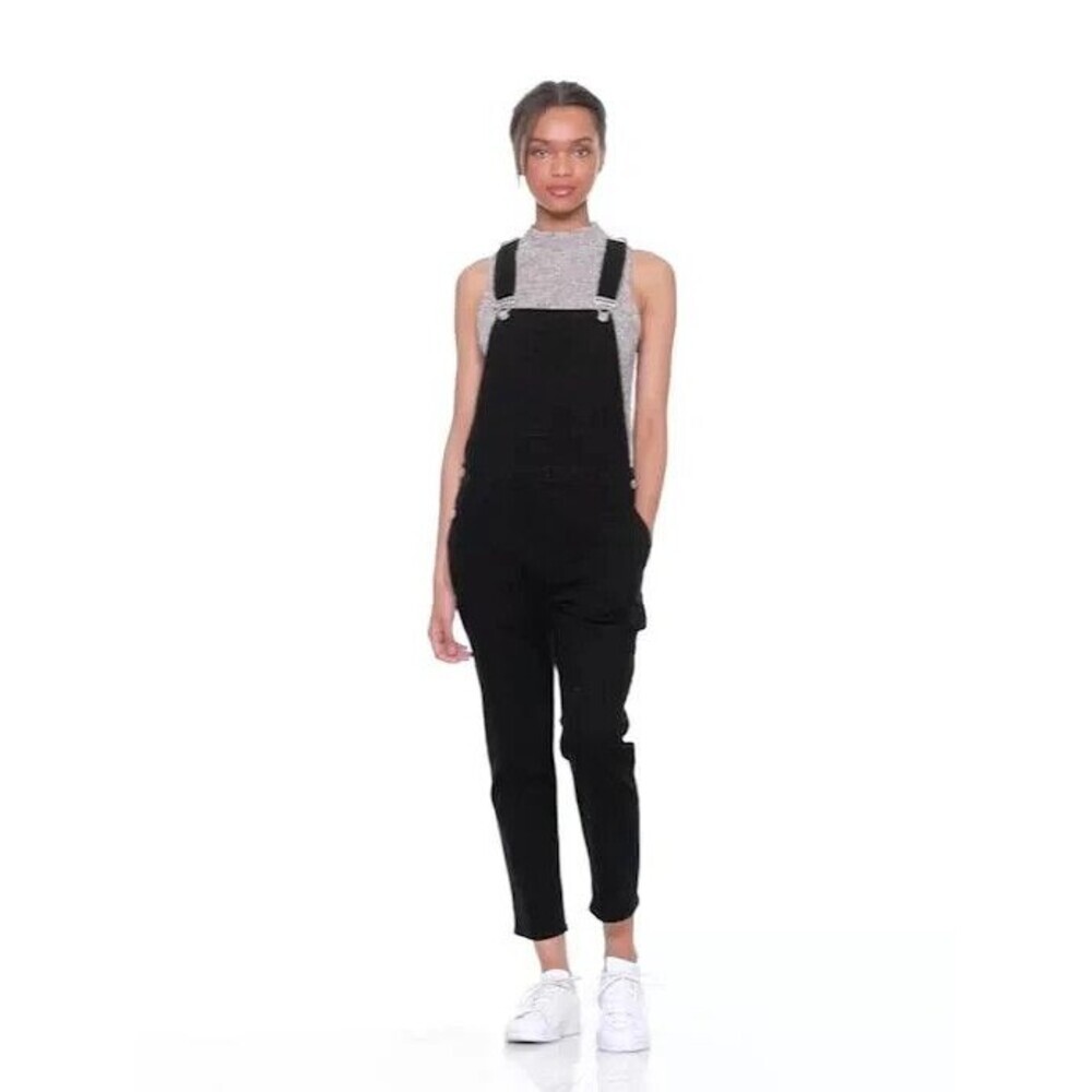 GAP Black Crop Slouch Denim Overalls Women Medium Relaxed Faded Pockets Casual